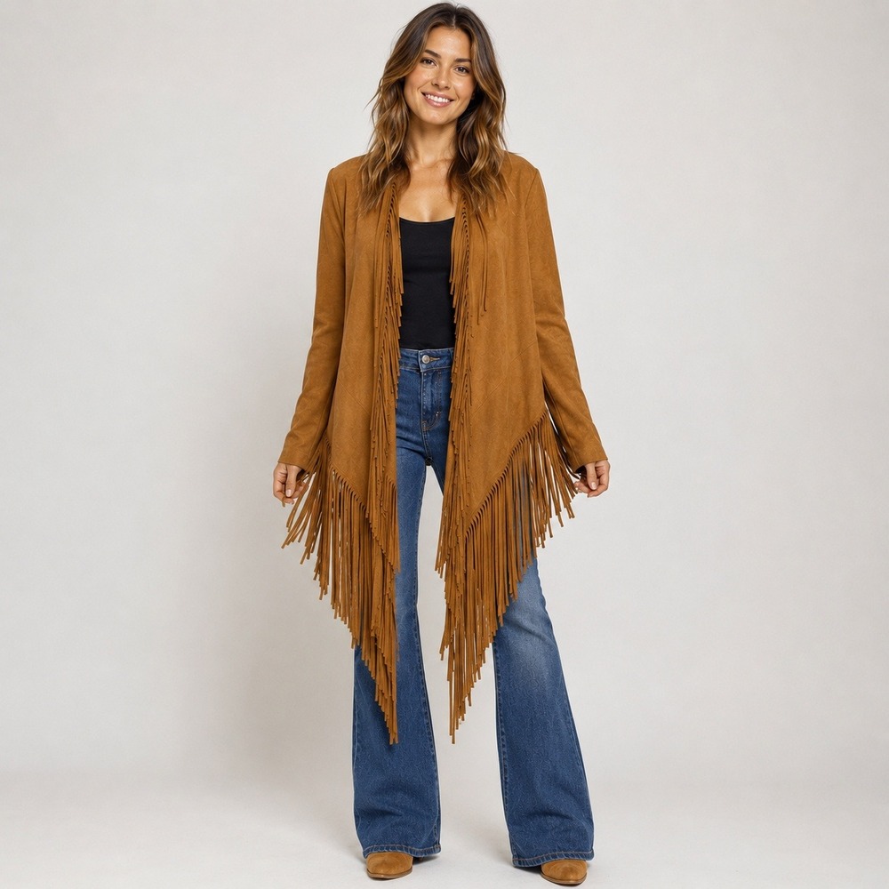 Comme Usa Brown Suede Faux Leather Fringe Waterfall Jacket‎ Cardigan